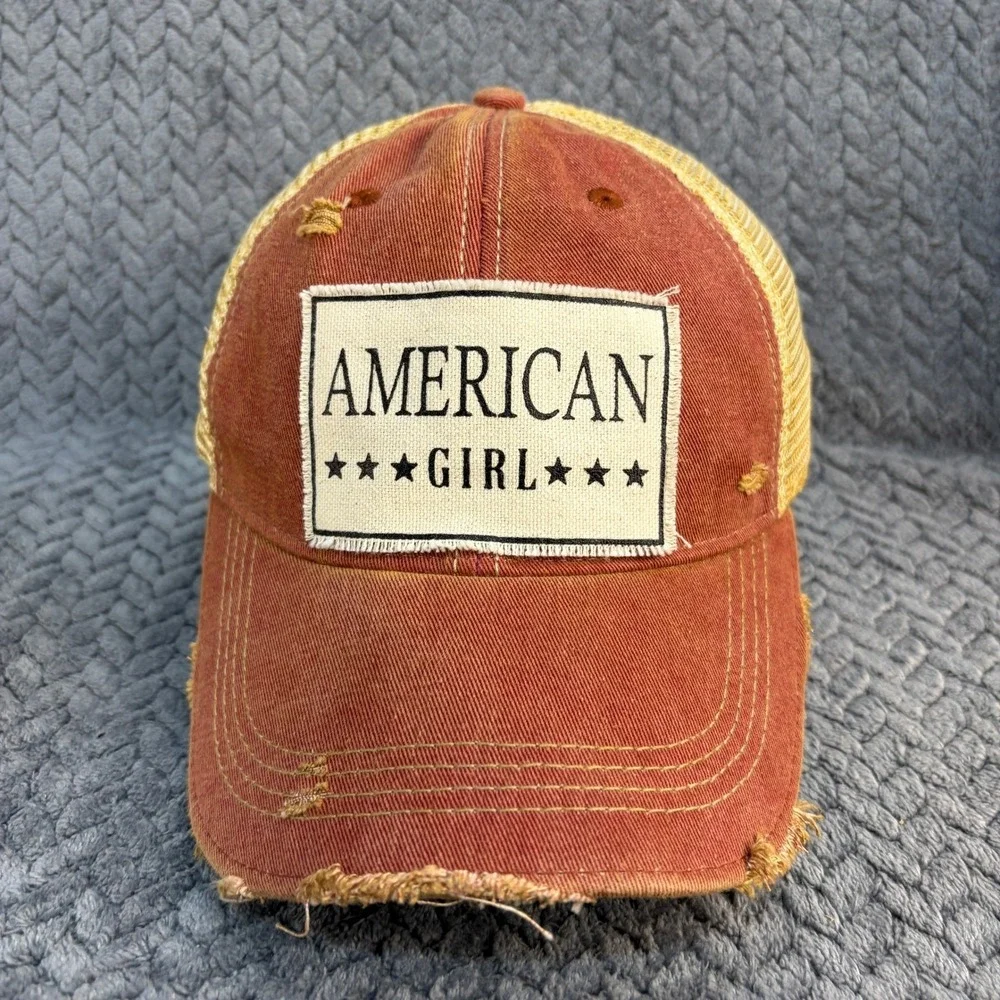 Headmost American Girl Trucker Hat Distressed Orange Tan Mesh Snapback Cap